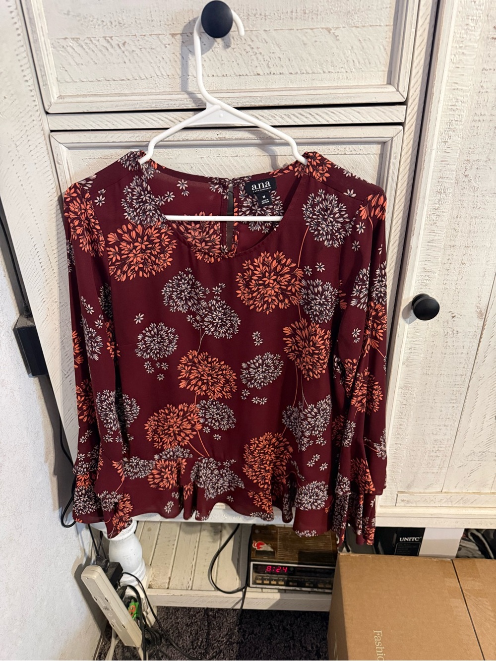 a.n.a Burgundy Floral Peplum Long-Sleeve Blouse